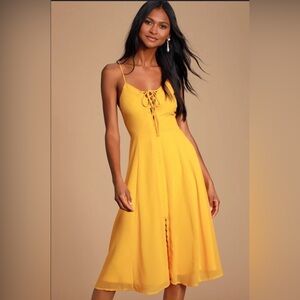 Lulu's Sunny Yellow Lace-Up Midi Dress
